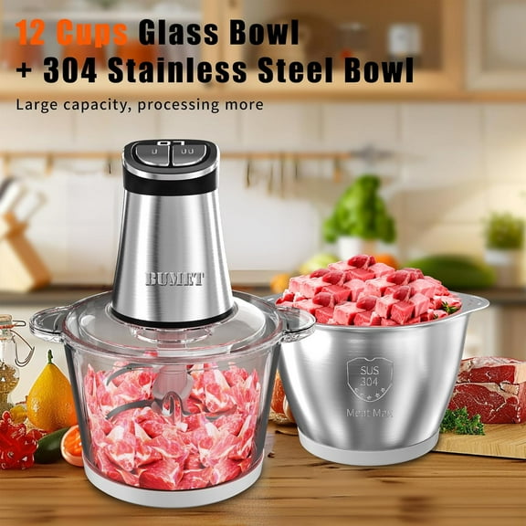 Electric Food Processor Meat Grinder 800W 2x12Cups LED Timer 3 Layers 6 Blades for Home Kitchen Use