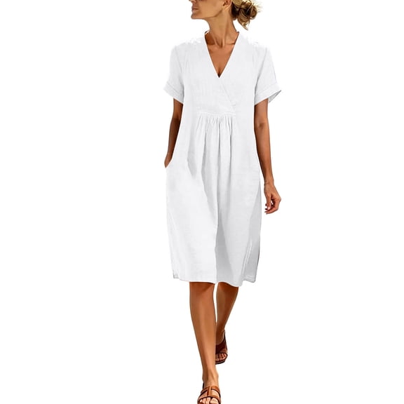 YuXingFu Wedding Guest Dresses for Women Mid-Length V-Neck Plus Size Womens Dress Short Sleeve with Pocket Casual Summer White S