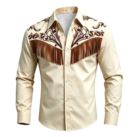 Mens Shirts Western Cowboy Ethnic Print Fringe Button Down Summer Shirt for Men,Beige,L