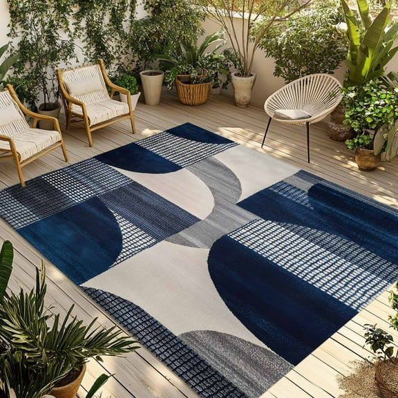 Fsddascl Boho Navy Blue Outdoor Rug for Patio/Deck/Porch, Non-Slip Large Area Rug 4 x 6 Ft, Modern Geometric Abstract Art Indoor Outdoor Rugs Washable Area Rugs, Reversible Camping Rug Carpet Runner