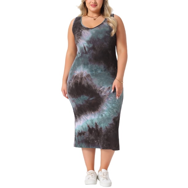 Vestido de verano sin mangas para mujer de talla grande Agnes Orinda, con diseño de teñido anudado, abertura lateral, escote en V, estilo casual midi, talla 1X, color gris azul