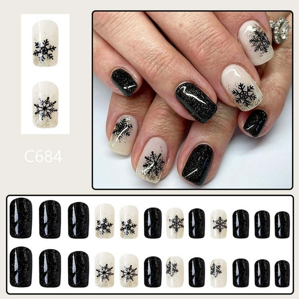 Paquete de 24 uñas postizas cortas navideñas para pegar uñas postizas navideñas, cobertura total con pegamento y parche para uñas.