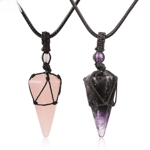 Colgante de piedra de prisma hexagonal tejido a mano con joyas europeas y americanas, accesorios para damas, collar de amatista de cristal rosa