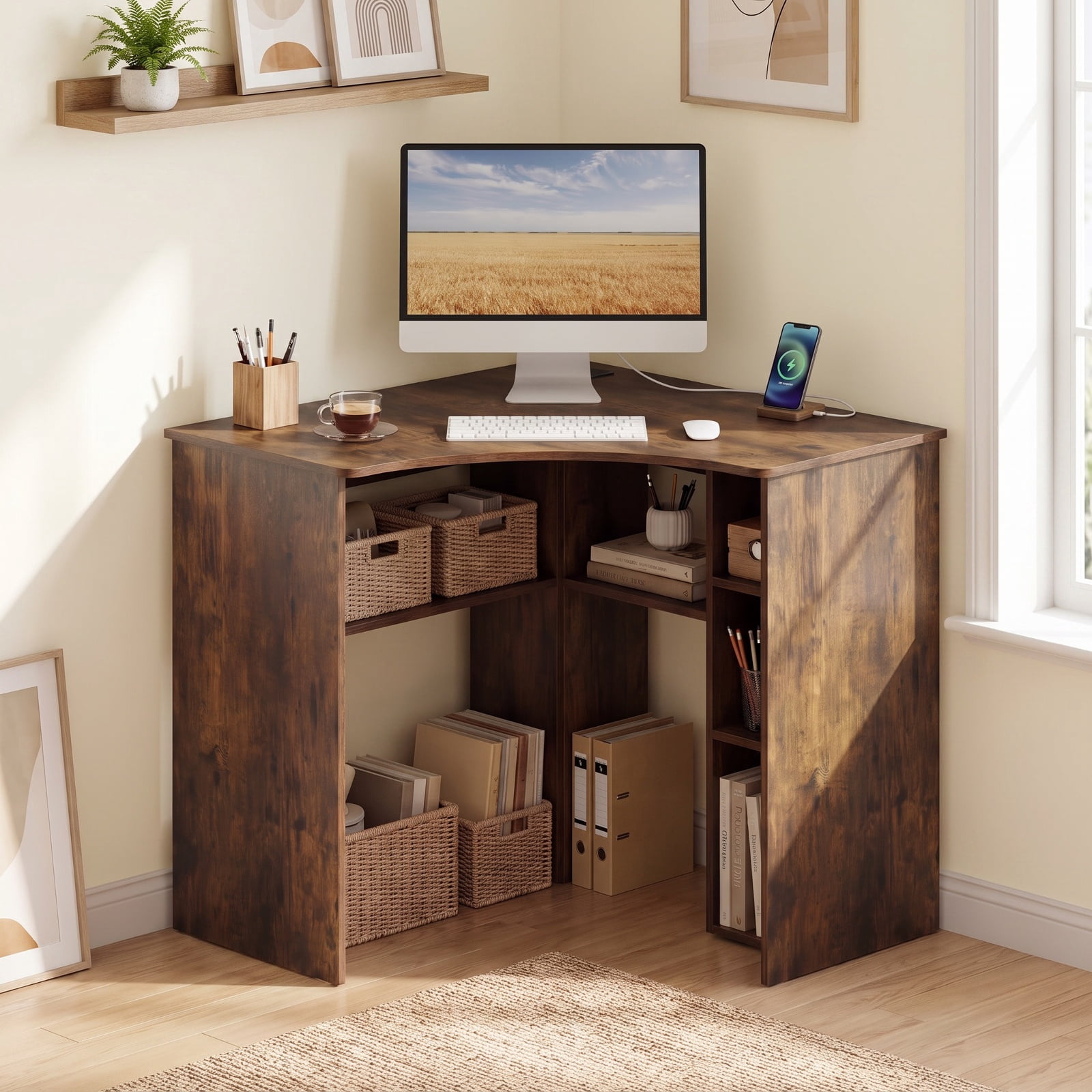 Furnibear Corner Computer Desk with Adjustable Shelf and Arc-Shaped Profile Triangle Home Office Desk with 5 Shelves for Study, Rustic Brown