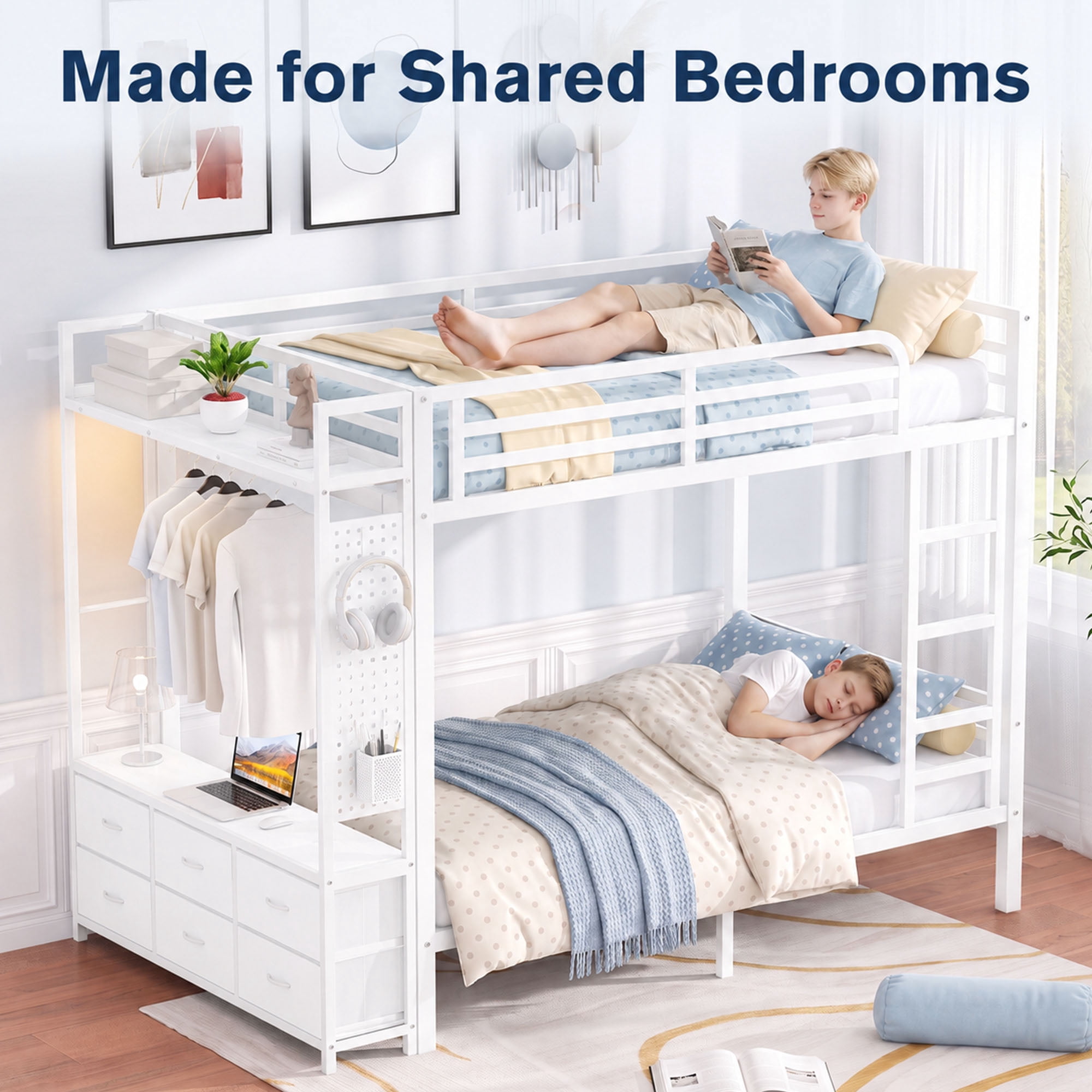 Miniyam Full Over Full Metal Bunk Bed with 6 Storage Drawers, LED Light and Charging Station,White