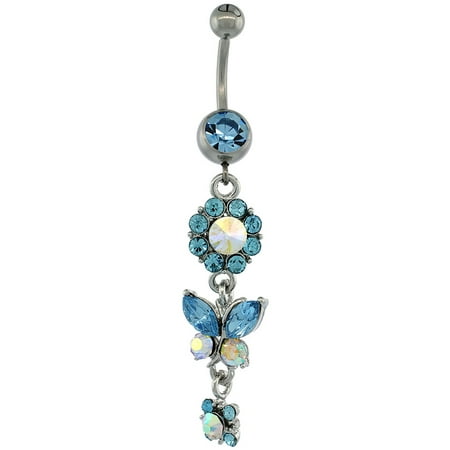 - Surgical Steel Barbell Dangle Flower & Butterfly Belly Button Ring w/ Blue Crystals, 2 5/16 inch