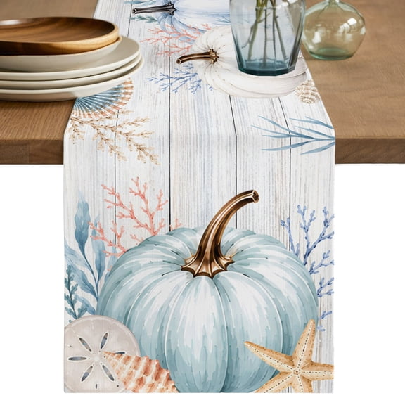 Table Runners 90 Inches Long Dress Scarves, Coastal Thankgiving Farmhouse Coffee/Dining/Kitchen Table Decor Table Runner for Living Room, Gray Pumpkin Starfish Corals Wooden 13x90 Inch