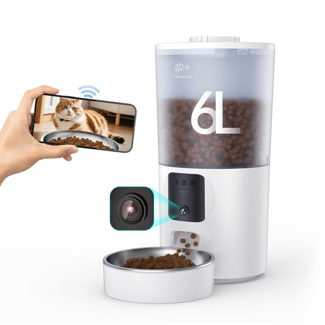 Centvicam Automatic Cat Feeder with 1080P Camera, Two-Way Audio, APP Timed Auto Control Meals, 6L Dry Food Dispenser, 2.4G / 5G WiFi