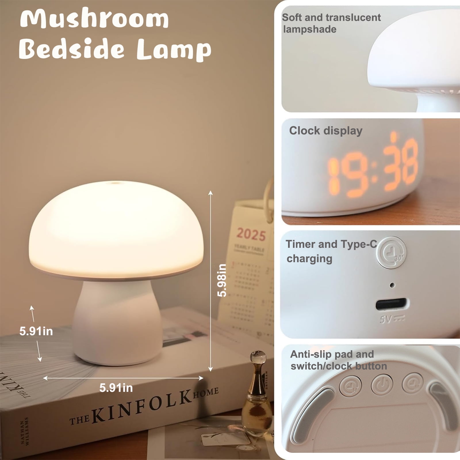 Mushroom Night Light for Kids, Rechargeable Touch Mushroom Lamp with Timer & Clock Display, 3 Color Temperatures Dimmable Nursery Lights Bedside Lamp, Cute Lamp for Girls Boys Baby Toddlers