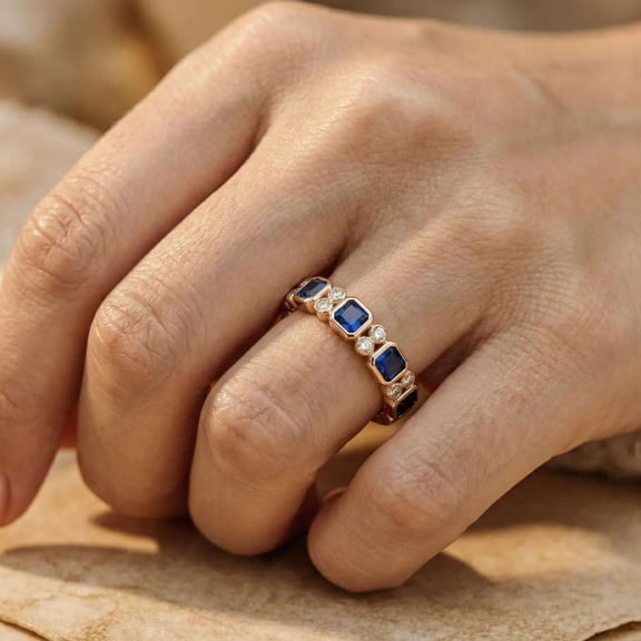 vylahjewellery Blue Sapphire Asscher Wedding Band Ring in 14K Vermeil Rose Gold Stackable Engagement Ring for Women Round Cut Moissanite Ring