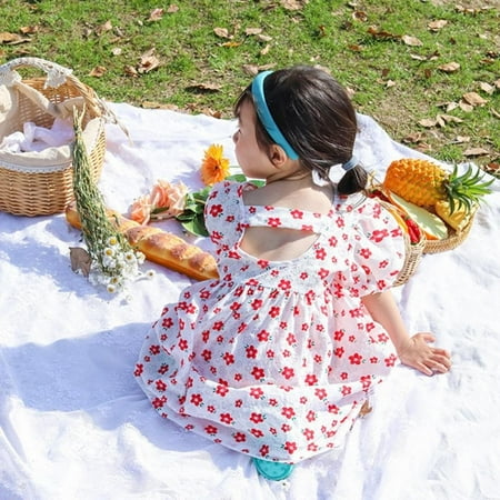 

Summer Toddler Girls Floral Print Dress Puff Sleeve Back Cut Out Dresses O-Neck Beach Dress Princess Dresses Children Outfit 3-8