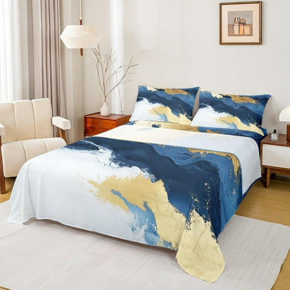 Manfei Modern Marble Pattern Twin Sheet Sets,Fulid Art Twin Fitted Sheet,White Gold Blue Flat Sheet For Kids,Microfiber Bedroom Decor,3-Piece