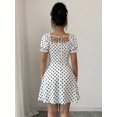 thumbnail image 2 of Black And White Polka Dot Square Neck Puff Sleeve Mini Dress With Corset Waist Tie, 2 of 8