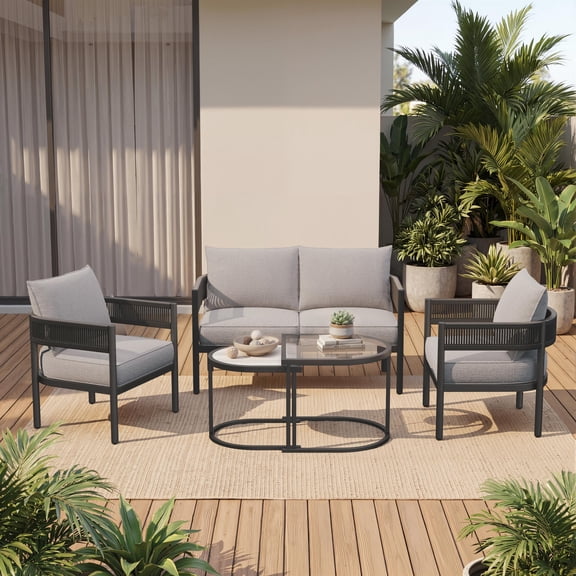 EVERITE 5 Pieces Patio Furniture Set,Outdoor  Wicker Sofa Conversation Set with Removable Cushions and Tables  for Backyard Balcony Lawn Pool