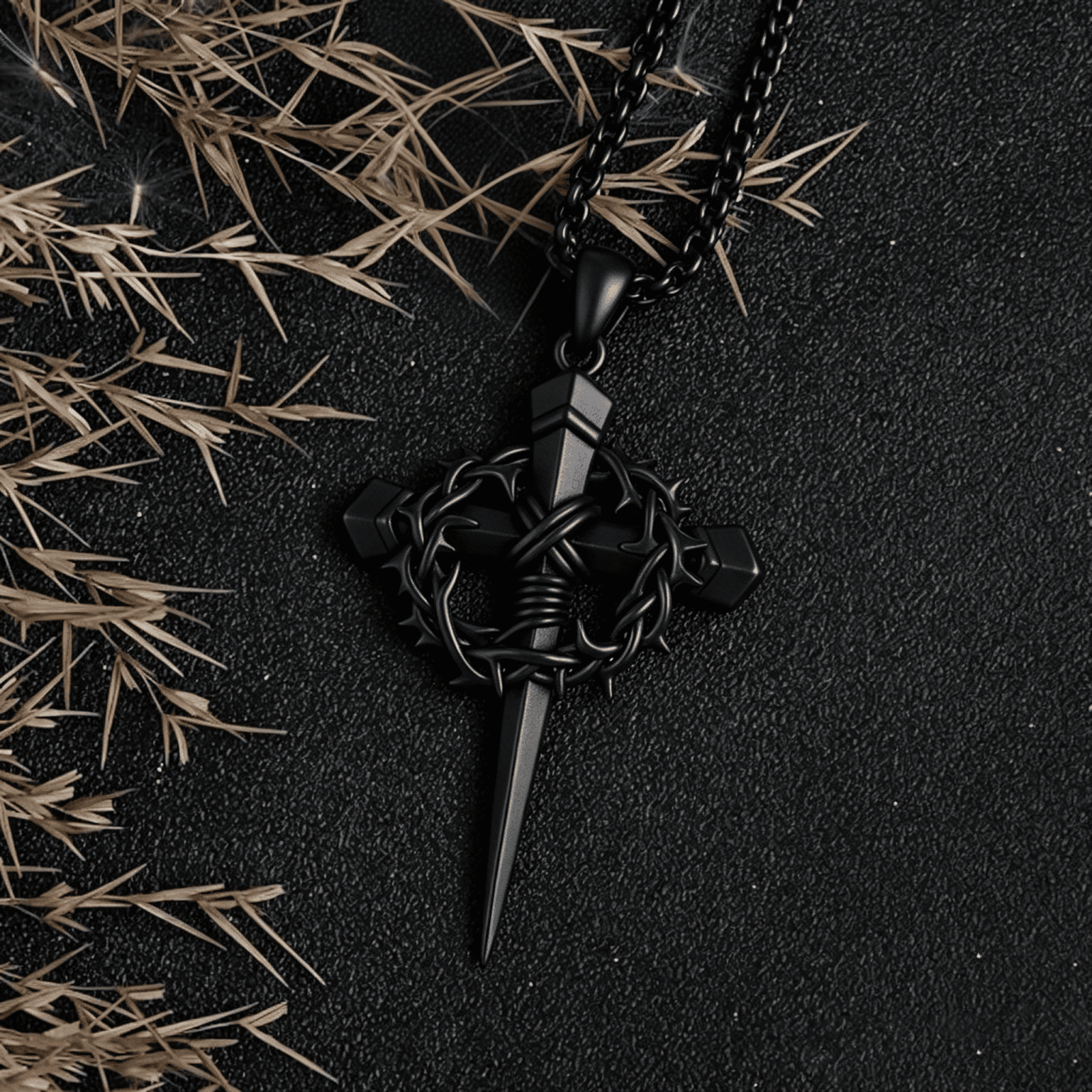 Crown of Thorns Cross Necklace for Men Women, Black Gold Plated Jesus Cross Necklace, Crucifix Nail Pendant, Vintage Christian Religious Gift