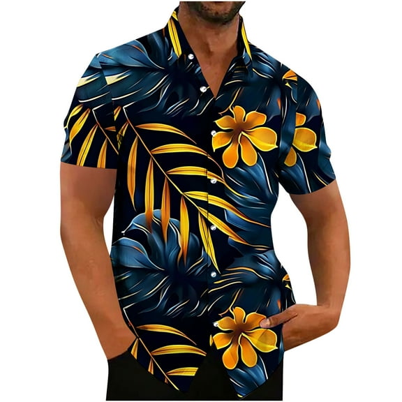 Awdenio Mens Tops Printing Button Casual Short Sleeve Turndown Collar Blouse Shirt For Fitness Running,Size S-5XL