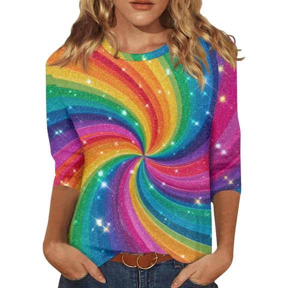 Mardi Gras Shirts for Women Glitter 3/4 Sleeve Gold Blouse Crew Neck Sequins Party Tunic Tops Red L