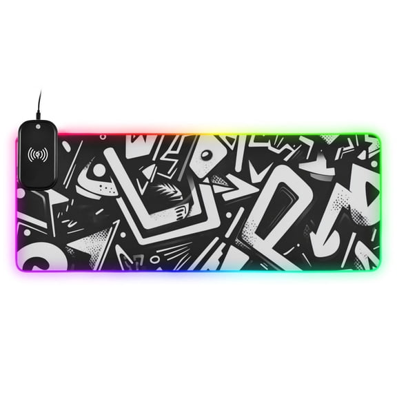Black and White Geometric Graffiti Wireless Charging RGB Gaming Mouse Pad Large Keyboard Mat Rubber Base 13 Light Modes
