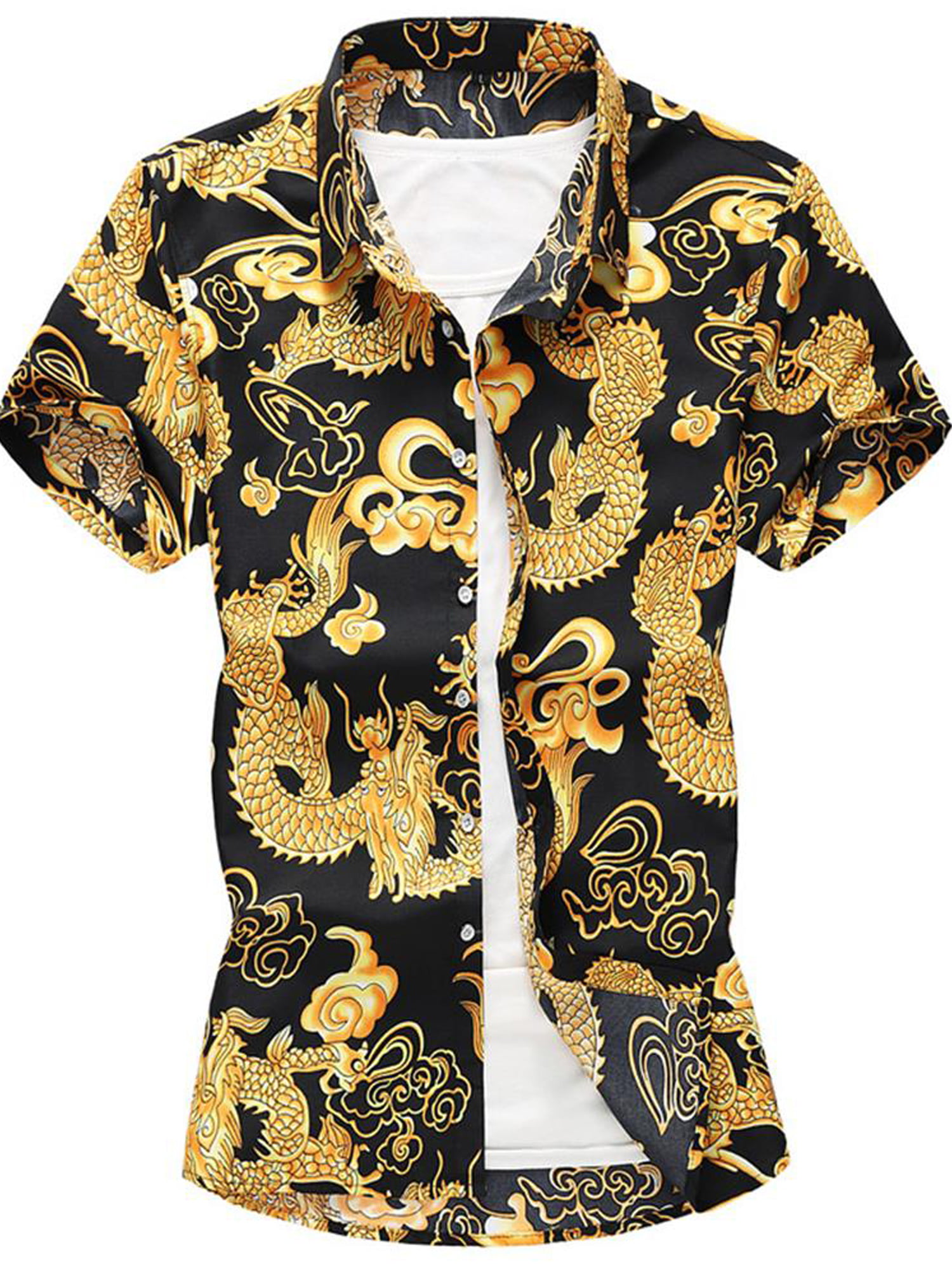 HTOOHTOOH Men Dragon Printed Short Sleeve Button Down Dress Shirt 