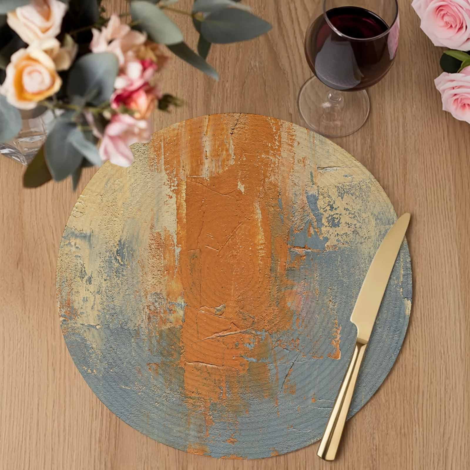 Burnt Orange Cement Gray Round 13 Inch Placemats Set of 2, Modern Abstract Art Orange HeatResistant Non Slip Place Mats for Dining Table, Wipeable Braided Kitchen Table Mats for Housewarming
