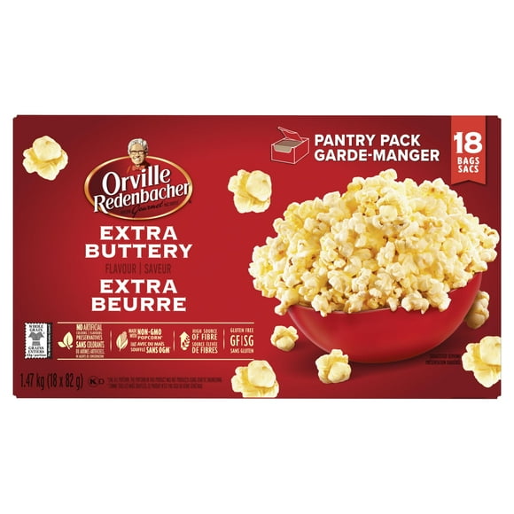 Orville Redenbacher Extra Buttery Microwave Popcorn - 18 Bags, Non-GMO, whole grain microwave popcorn with a high source of fiber and gluten free