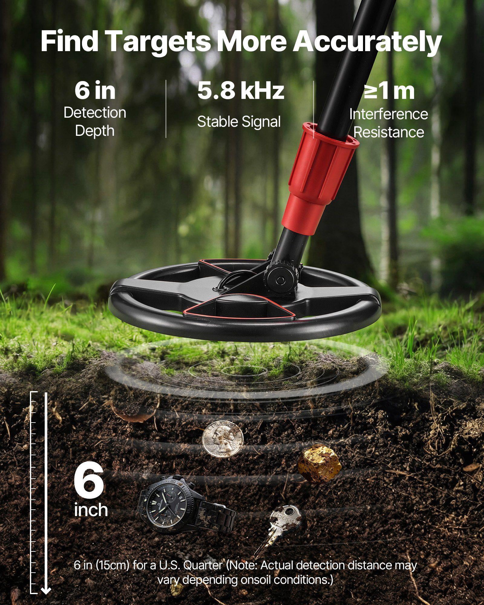 6 Inch Lightweight Metal Detector with LCD Display IP68 Waterproof Search Coil Adjustable 22.8 to 33.8 Inch High Accuracy Gold Detector for Treasure Hunting