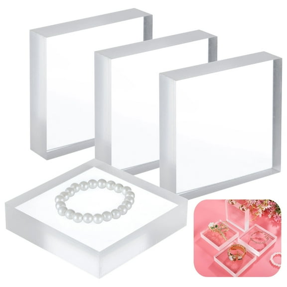 4 Pcs Acrylic Display Blocks, 4×4×1" Clear Acrylic Cubes, Square Jewelry Display Risers, Polished Ring Display Holder Bases, Cake Craft Showcase Stands