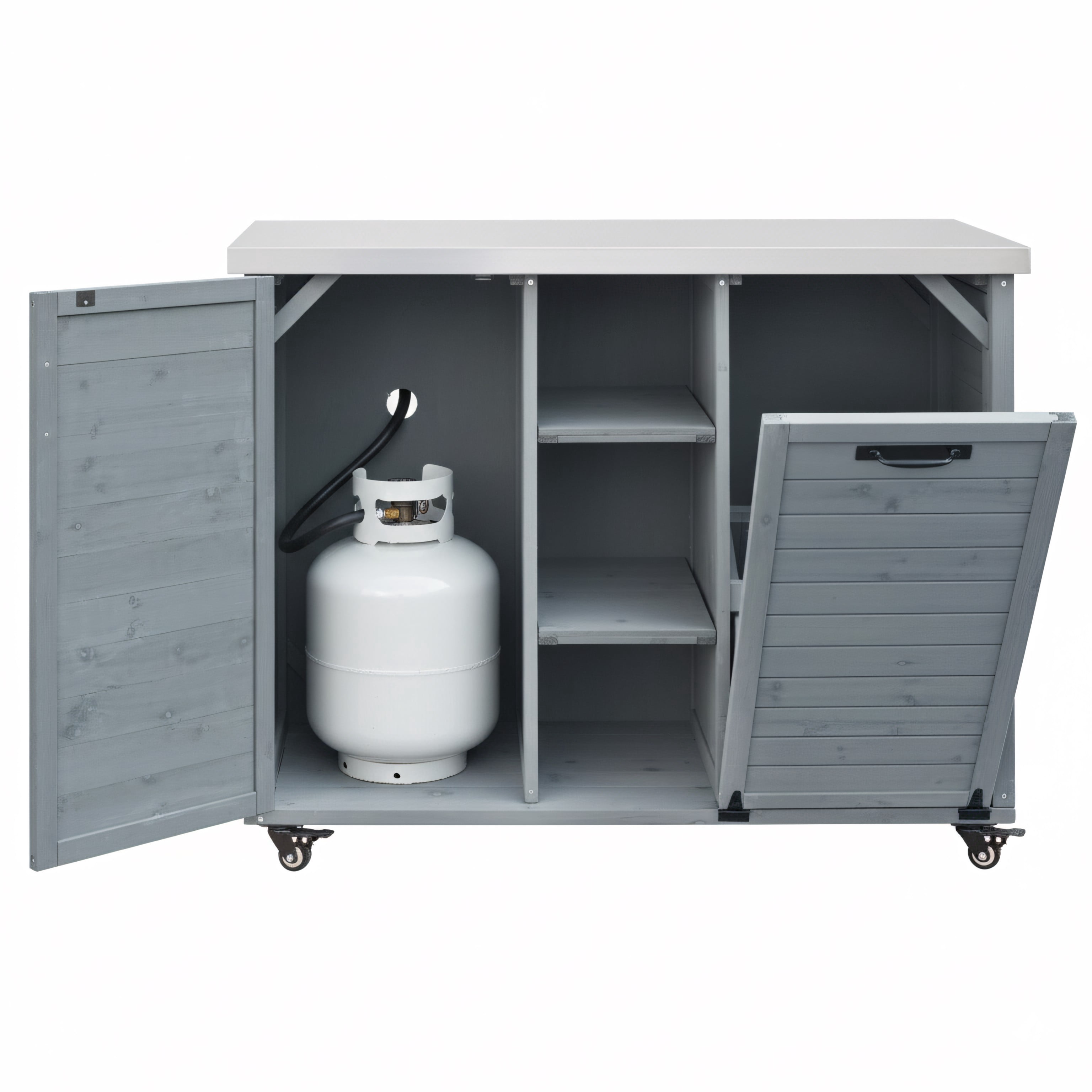 Euroco 78.3" Outdoor Kitchen Island with Foldable Grill Table, Wooden Outdoor Grill Cart with Trash Can Storage & Stainless Steel Top, Outdoor Bar Cart, Pizza Oven Table