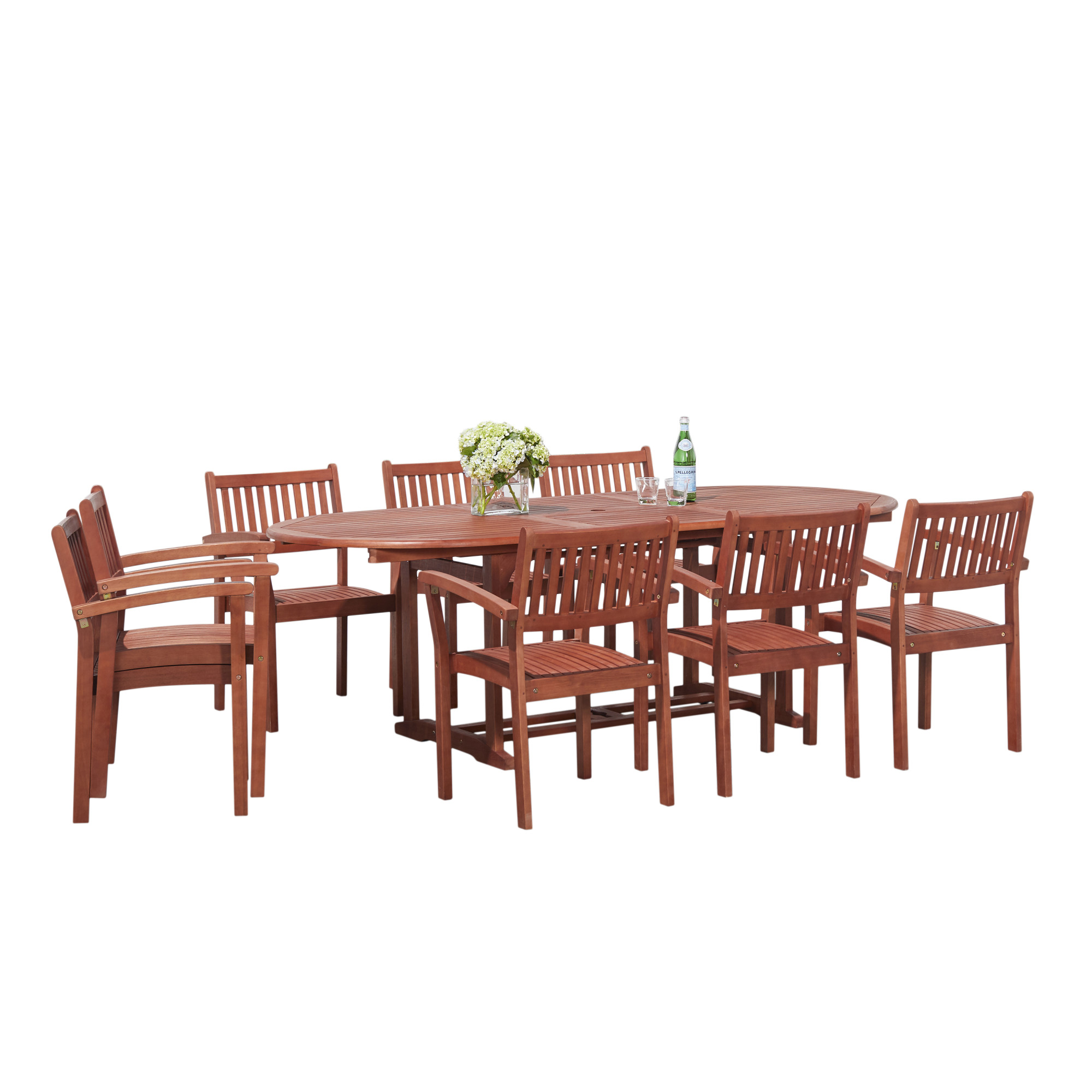 Malibu Outdoor 9piece Wood Patio Dining Set with Extension Table & Stacking Chairs
