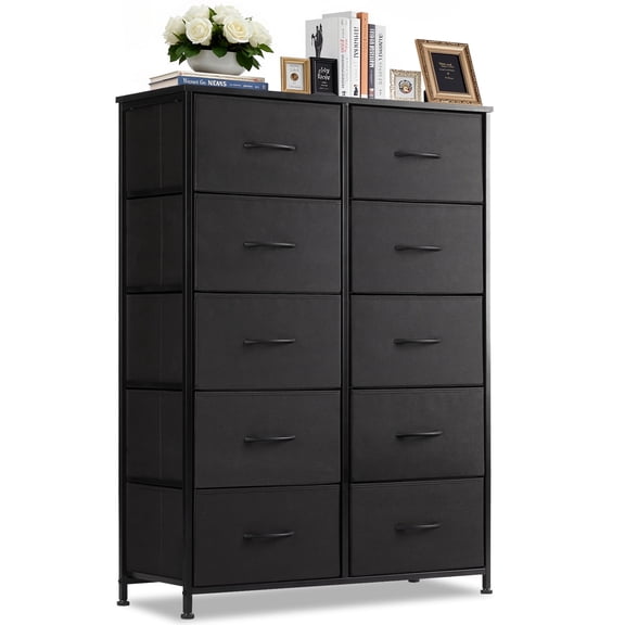 Nextay 10-Drawer Fabric Dresser for Bedroom, Storage Dresser Closet with Steel Frame & Wooden Top for Living Room, Dressing Room, Entryway, Black