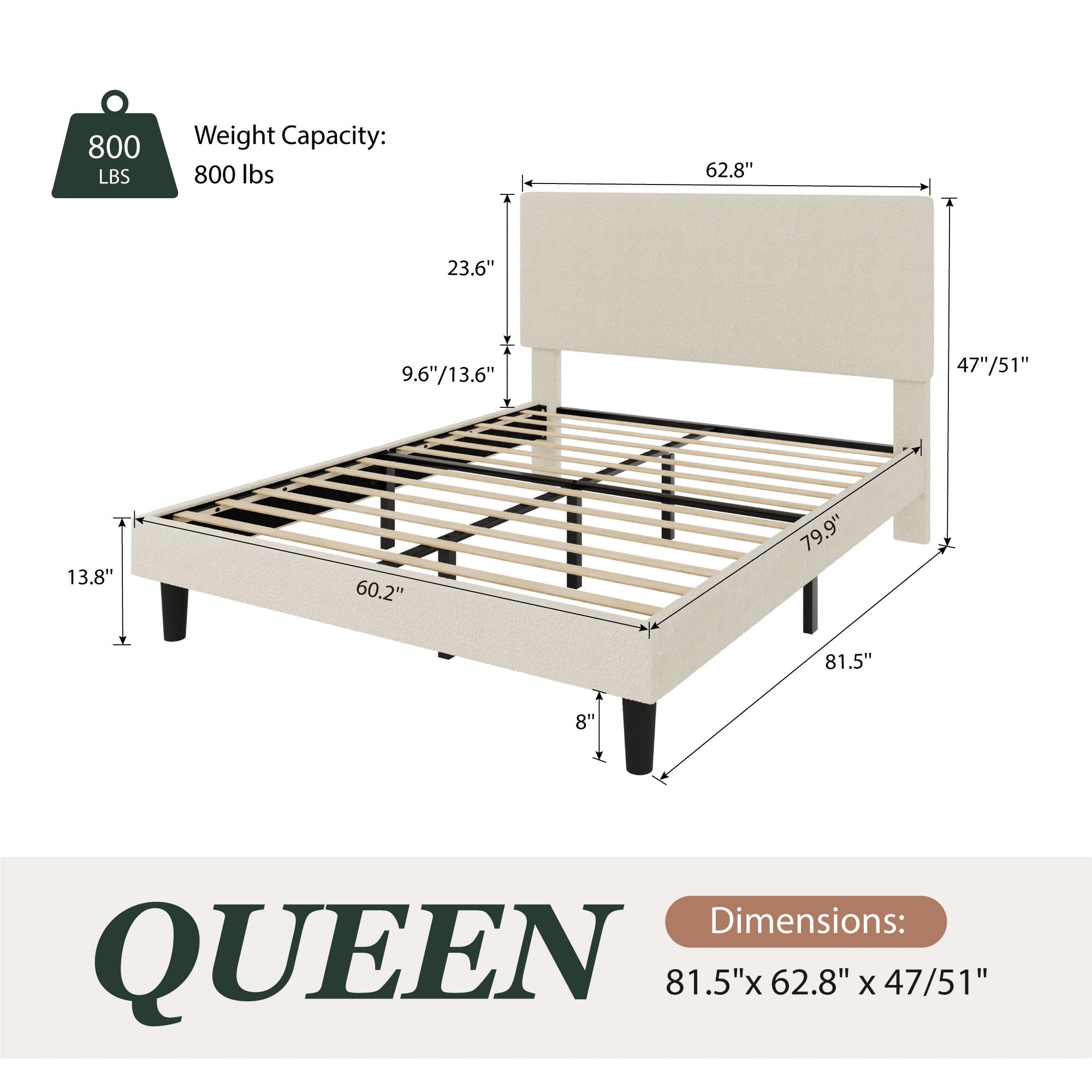 Amolife Queen Bed Frame, Platform Bed Frame with Upholstered Adjustable Headboard, Cream White, Nubby Fabric