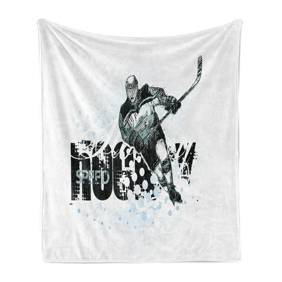 Hockey Soft Flannel Fleece Throw Blanket, Grunge Sketch Art of a Professional Player Silhouette and Text Dots, Cozy Plush for Indoor and Outdoor Use, 50" x 60", Black White Pale Blue, by Ambesonne