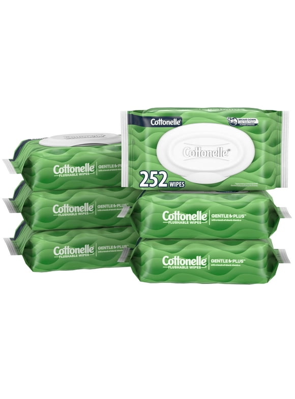 Cottonelle GentlePlus Flushable Wet Wipes with Aloe & Vitamin E, 6 Flip-Top Packs, 42 Wipes Per Pack (252 Total Wipes), Packaging May Vary