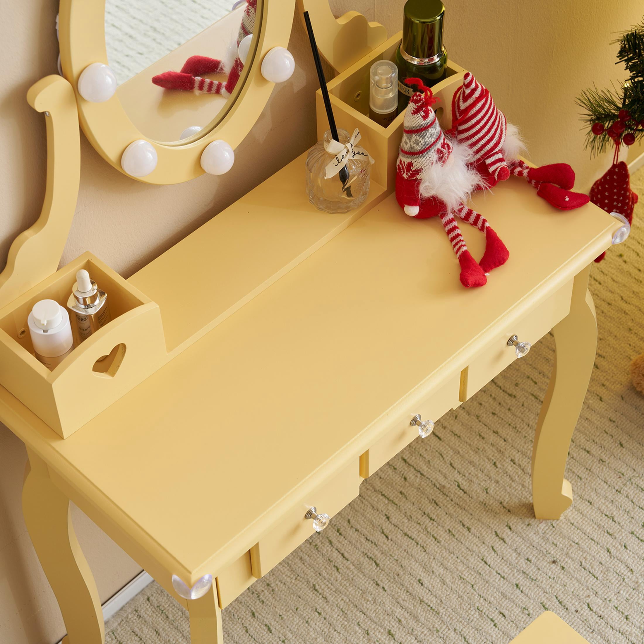 SESSLIFE Kids Vanity Set with Mirror Lights and Drawers, Wooden Princess Makeup Desk Set, Toddler Dressing Table Set, Pretend Play Kids Vanity Table and Chair Set for Little Girls aged 3+, Yellow