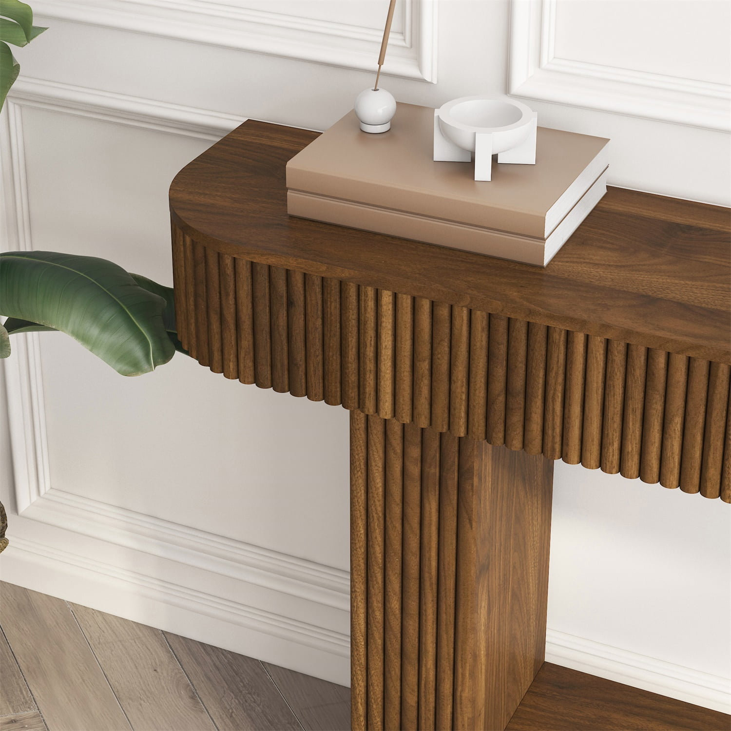 Hommoo 62.9-Inch Farmhouse Wooden Console Table, Rustic Rectangular Sofa Table for Living Room, Entryway, Hallway & Foyer, MDF Wood-Grain Accent Table with Leveling Feet, Walnut