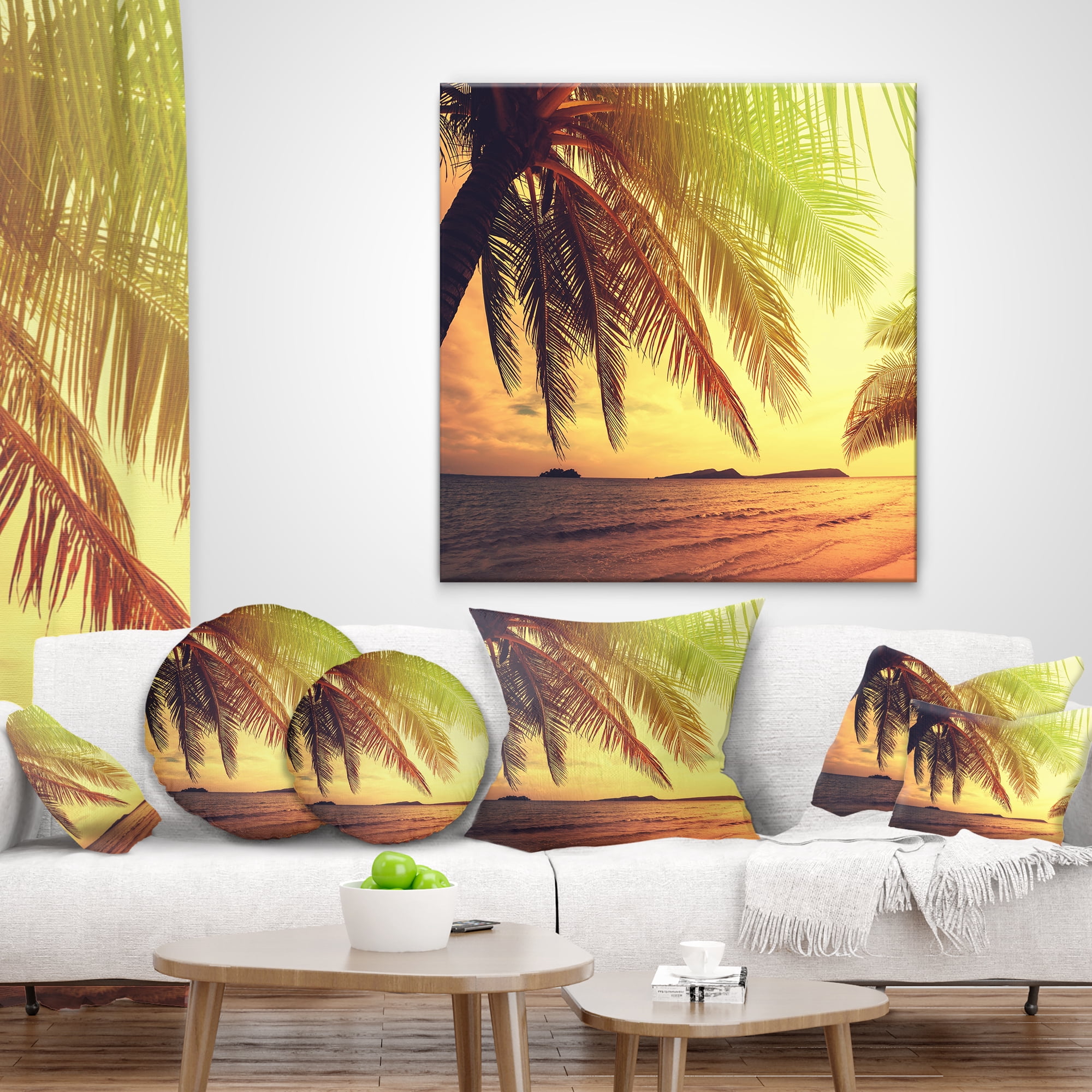 Designart Tropical Beach with Green Palm - Seashore Throw Pillow - 18x18