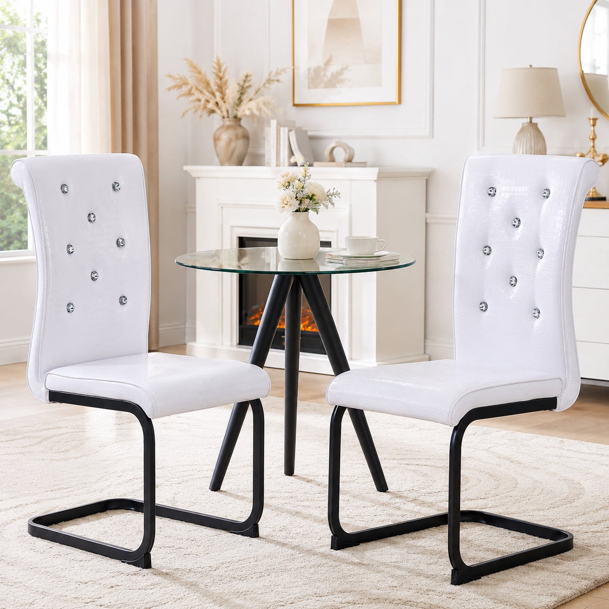 Aukfa Modern Dining Chairs Set of 2 , 400 lbs Heavy-Duty Faux Alligator Leather Kitchen Chairs with Crystal Button Tufted High Back,White