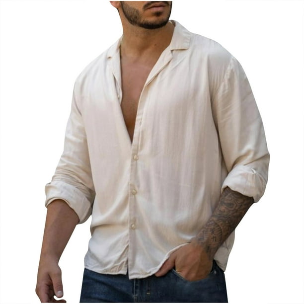 PEZHADA Mens Casual Button-down Shirts Big and Tall Work Shirts Men Home  Vintage Pure Color Casual Linen Solid Shirt Tops Blouse White 