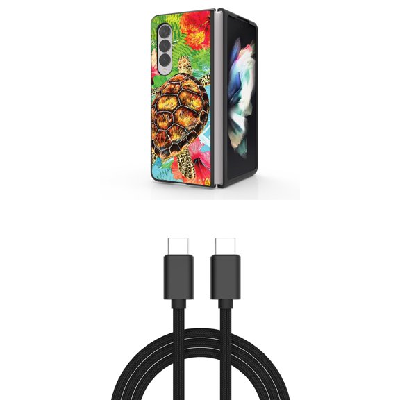 Accessory Bundle for Galaxy Z Fold 4: Slim Snap-On Case (Turtle Flowers), PD Power Delivery USB-C to USB-C Cable (3 Feet)