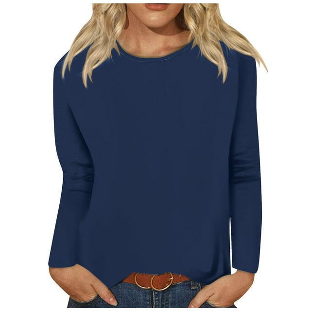 Timegard Womens Tops Long Sleeve Round Neck Solid Color Basic Tee Fall Casual Comfy Loose Tops Blouse