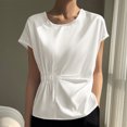 thumbnail image 2 of HAiming Womens Satin Silk Shirt Crew Neck Short Sleeve Waist Cincher Tops 2025 Summer Casual Solid Color Blouse, 2 of 3