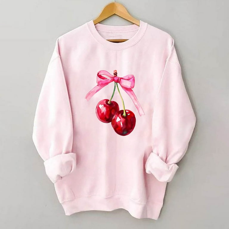 Women's Cherry Bow Sweatshirt Crewneck Long Sleeve Cute Women's Cherry Bow Sweatshirt Crewneck Long Sleeve Cute