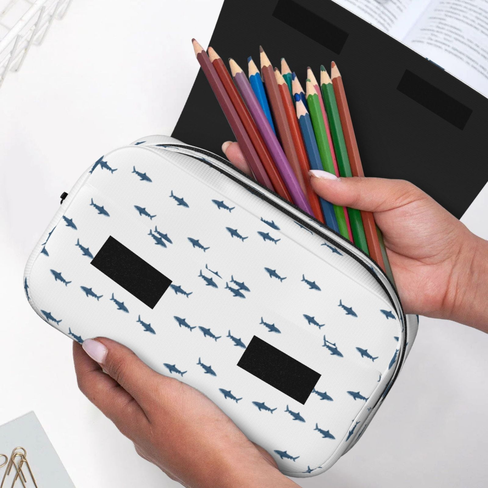 Rateoe Cute Shark Pattern Double Clamshell Pen Case, Storage Organizer with Two Zipper Compartments– Holds Up to 50 Pencils & Pens