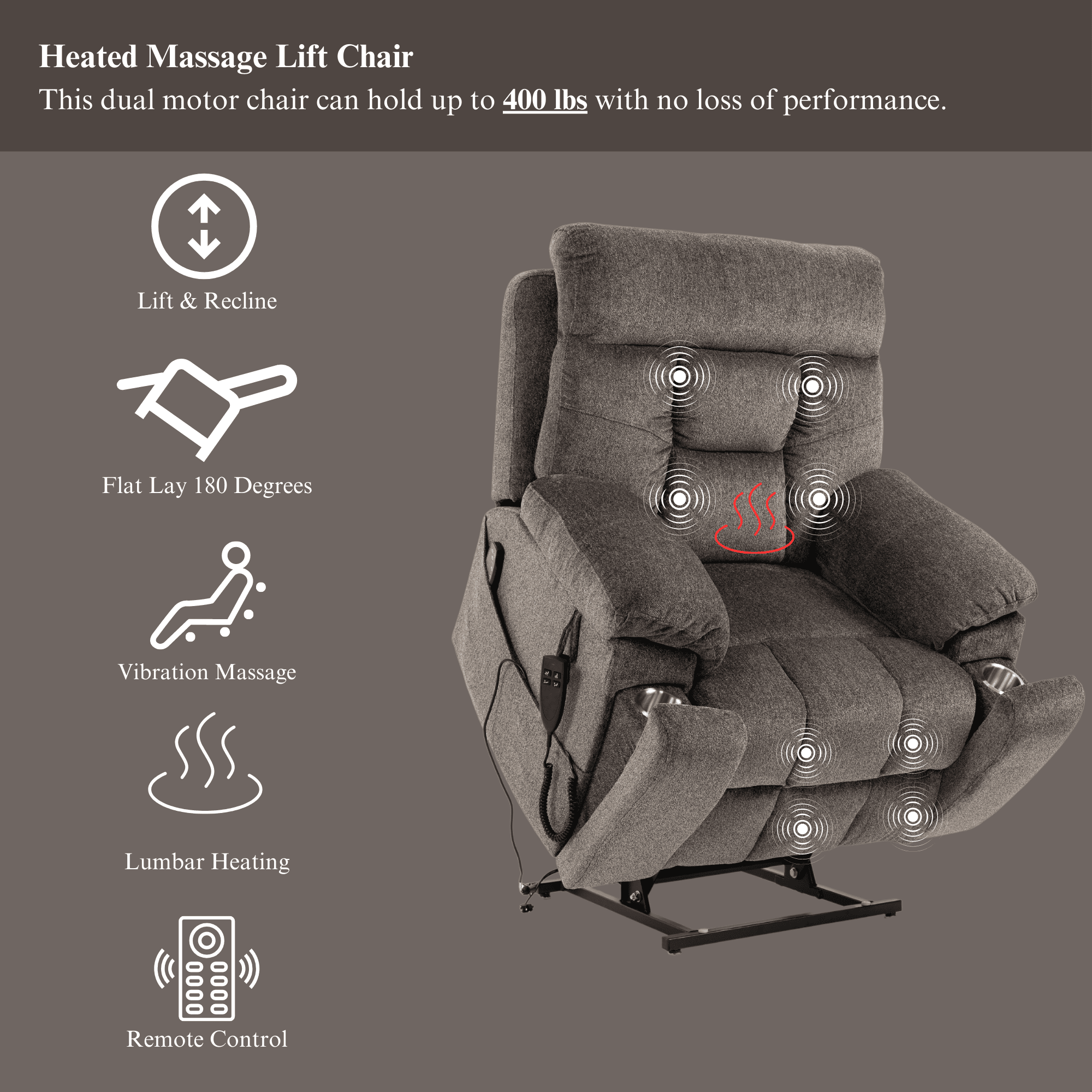 JUUXO Oversized Lift Recliner Chair Lay Flat 71" Length, 26-inch Extra Wide Seat Big Man Recliner, Large Power Lift Chair with Heated Massage & Hidden Cup Holder, 400 lbs