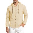 thumbnail image 5 of Men's Casual Button Down Hoodie Cotton Linen Blend Long Sleeve Round Neck Blouse, Soft Breathable Fabric For Daily Beach Vacation | Zenithor,Beige L, 5 of 9