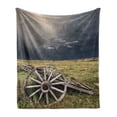 thumbnail image 1 of Barn Wood Wagon Wheel Soft Flannel Fleece Throw Blanket, Cloudy Day in Village Farm Aged Vintage Cart Outdoors, Cozy Plush for Indoor and Outdoor Use, 50" x 60", Umber Green Dark Blue, by Ambesonne, 1 of 6