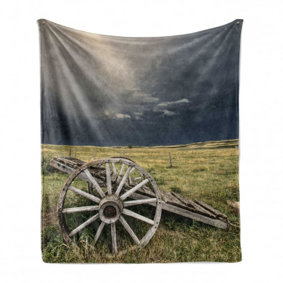 Barn Wood Wagon Wheel Soft Flannel Fleece Throw Blanket, Cloudy Day in Village Farm Aged Vintage Cart Outdoors, Cozy Plush for Indoor and Outdoor Use, 50" x 60", Umber Green Dark Blue, by Ambesonne