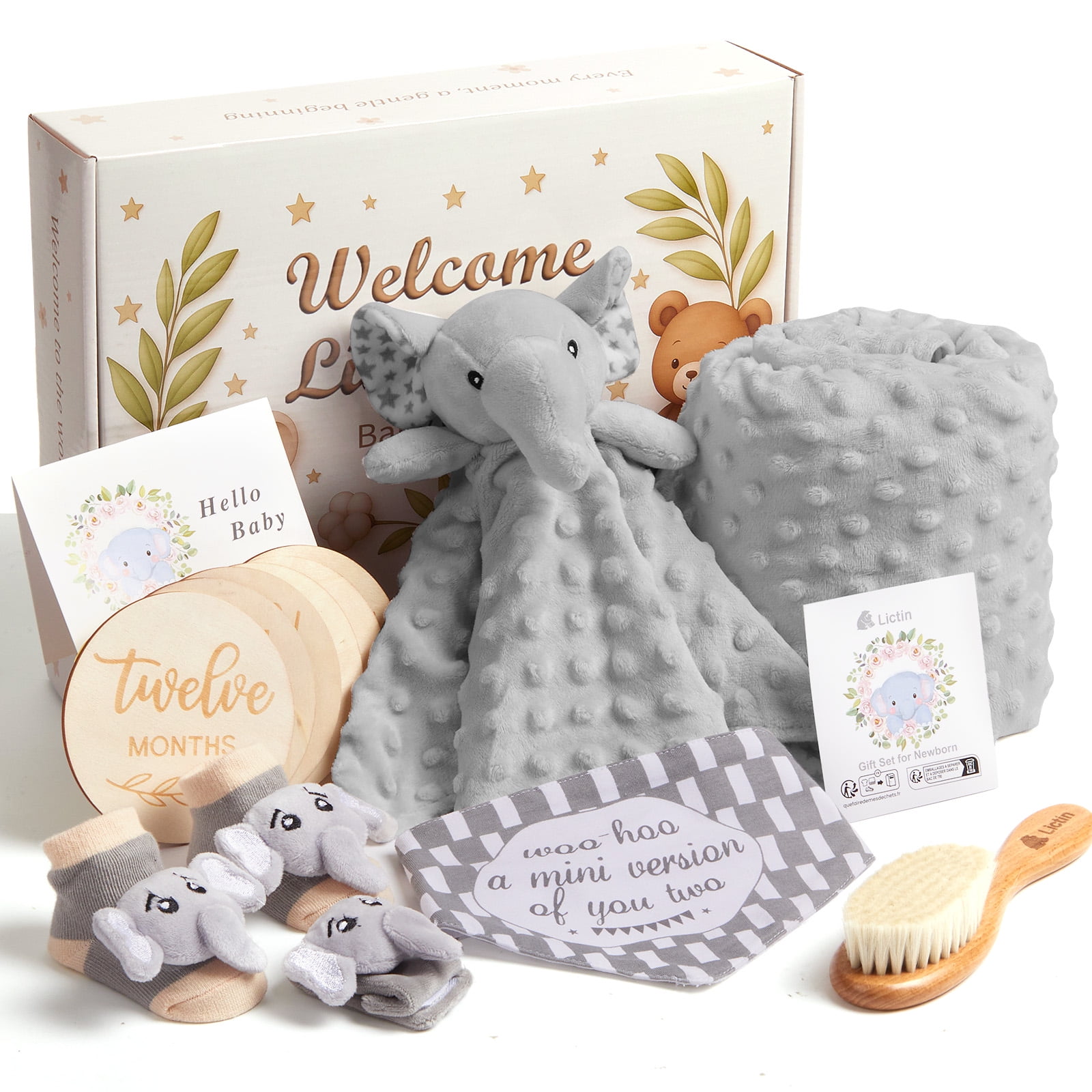 Lictin Baby Shower Gift Set for Boys Girls, 14PCS Baby Gifts, Neutral Newborn Gifts Basket with Baby Blanket, Monthly Milestone Cards, Elephant Security Blanket, Rattle Socks and Wrist