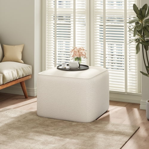 22.2" Square Boucle Ottoman with Storage, White Upholstered Footstool Pouf, Modern Storage Bench for Living Room, Bedroom, and Entryway