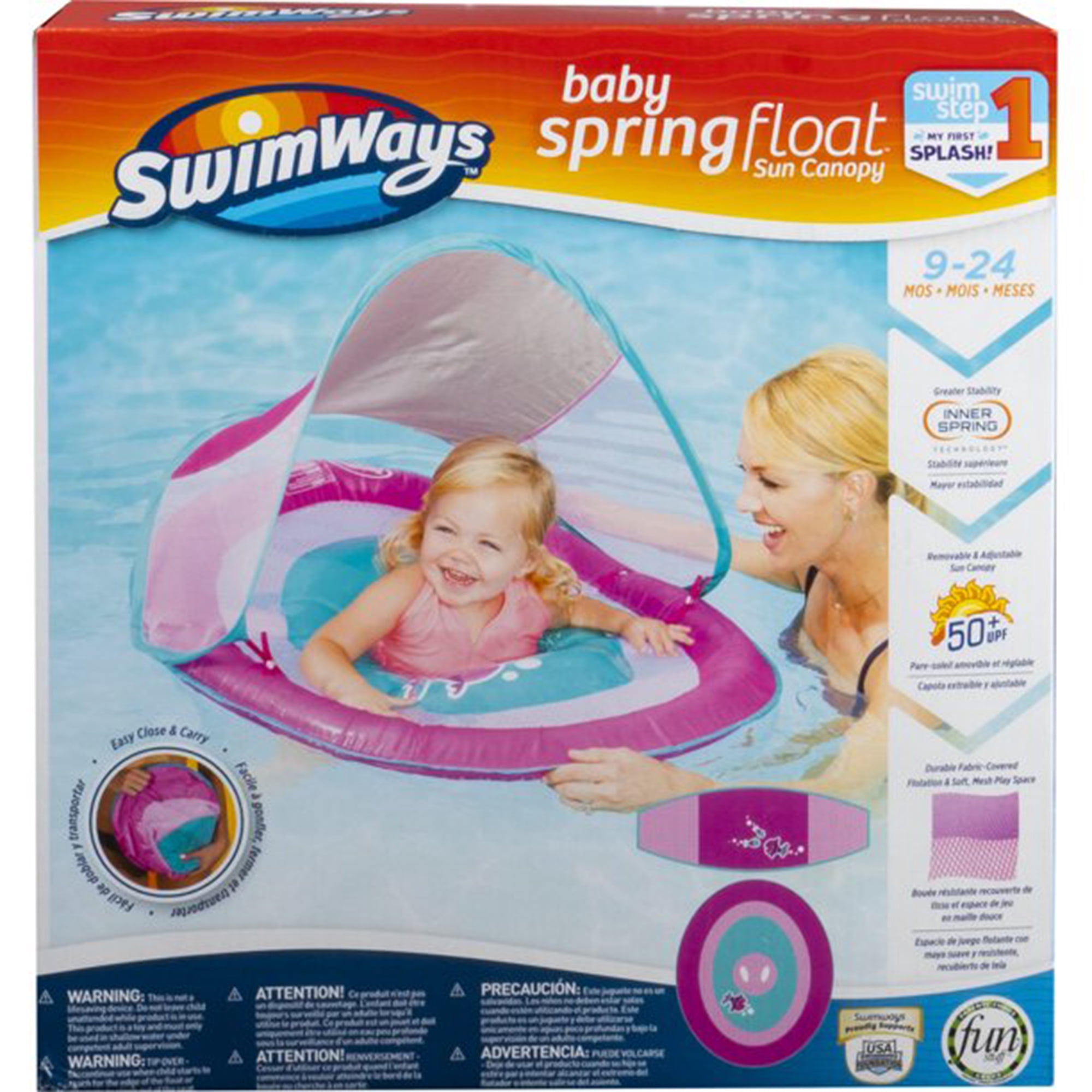 SwimWays Baby Spring Inflatable Round Pool Float w/ Protective Sun Canopy for Kids 9 to 24 Months, Pink Fish